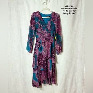 Tahari ASL Paisley Tiered Wrap Midi Dress Long Sleeve Tie Waist Aster Teal 8 NWT